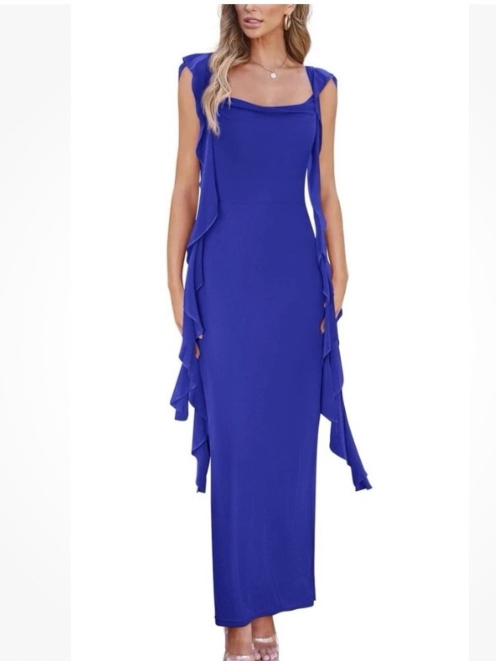 PrettyGarden Blue Chiffon Cowl
Neck Strappy Sleeveless Long Maxi Dress S